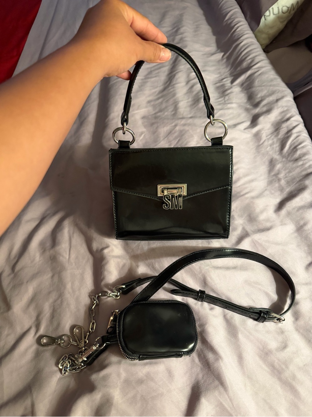 Steve Madden Black Patent Mini Top-Handle Bag with Detachable Strap